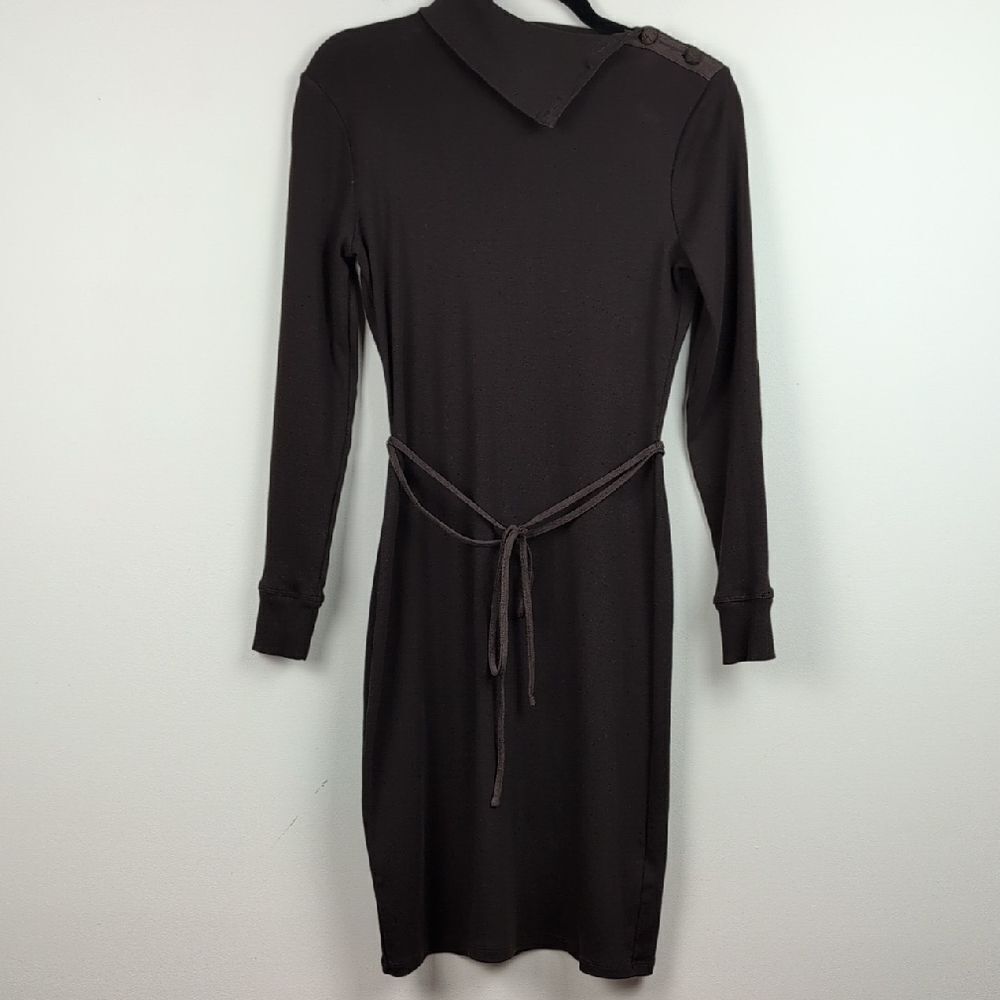 Lauren Ralph Lauren Brown Cotton Open Mock Neck Belted Long Sleeve Dress Size S